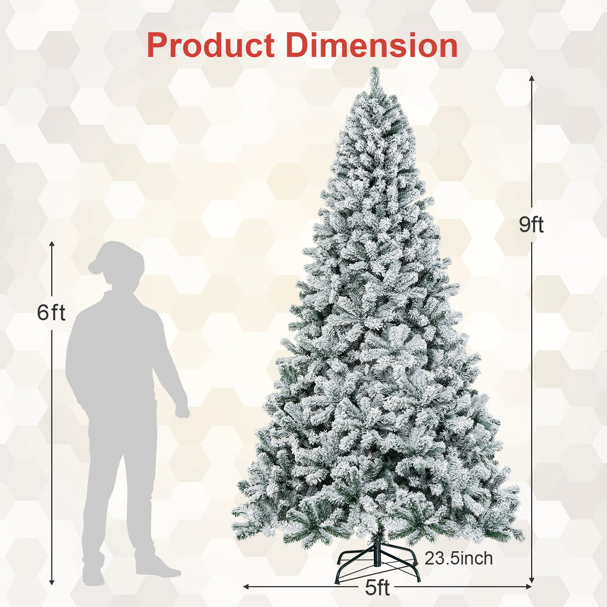 9FT Flocked Christmas Tree, Artificial Xmas Tree w/PVC Needles, Metal Stand