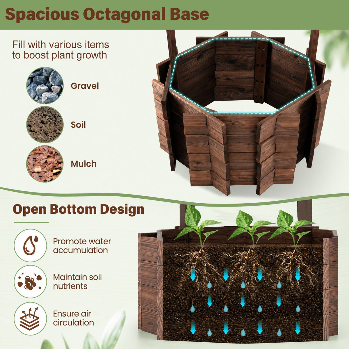 Rustic Outdoor Garden Decoration with Solid Fir Wood Construction, Wooden Wishing Well Planter with Hanging Bucket