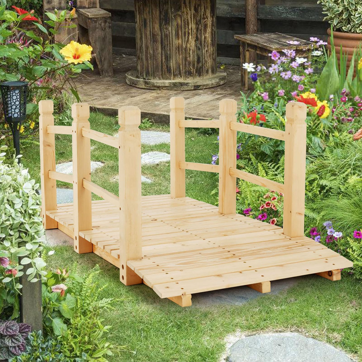 Lucktree 5 ft Garden Bridge - Stained Wood Arc Footbridge Walkway