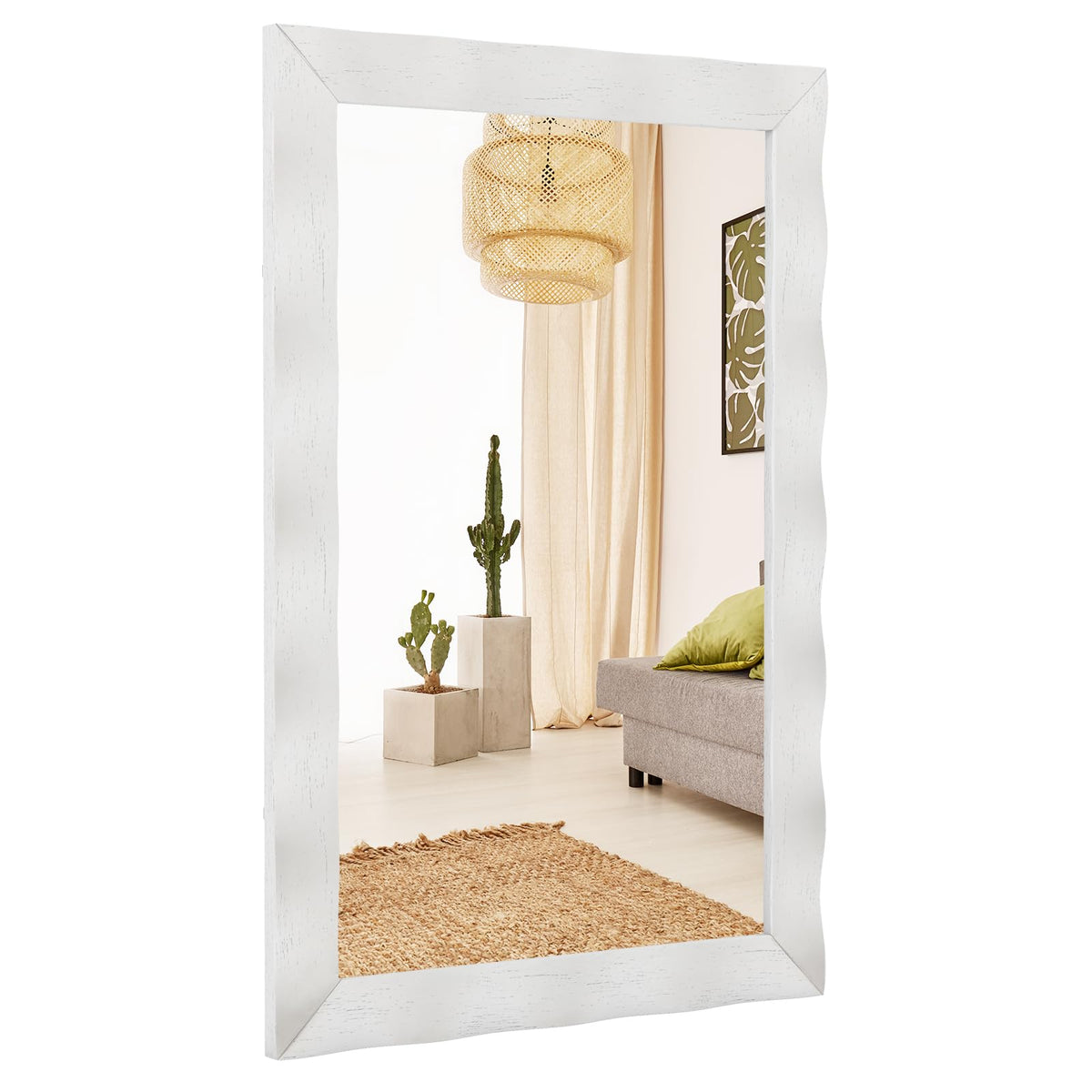 Lucktree 41.5" x 28" Farmhouse Wall Mirror, Rubber Wood Rustic Style Wall Mirror