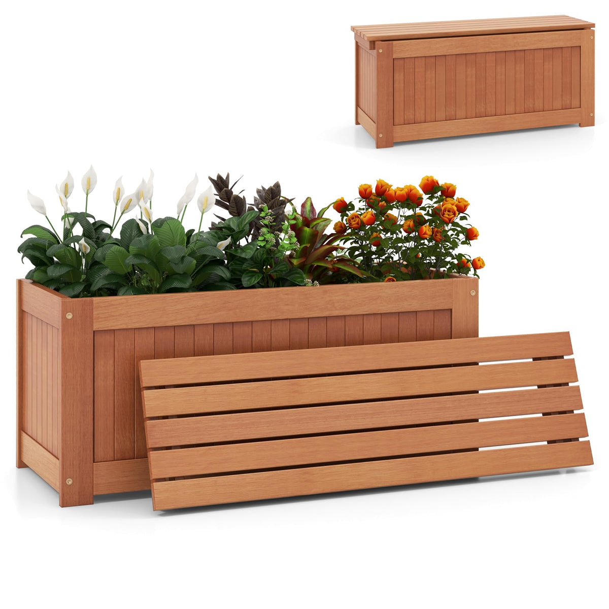 Lucktree 2-in-1 Outdoor Bench, Wood Raised Garden Bed with Open Base, Teak Oil Finish