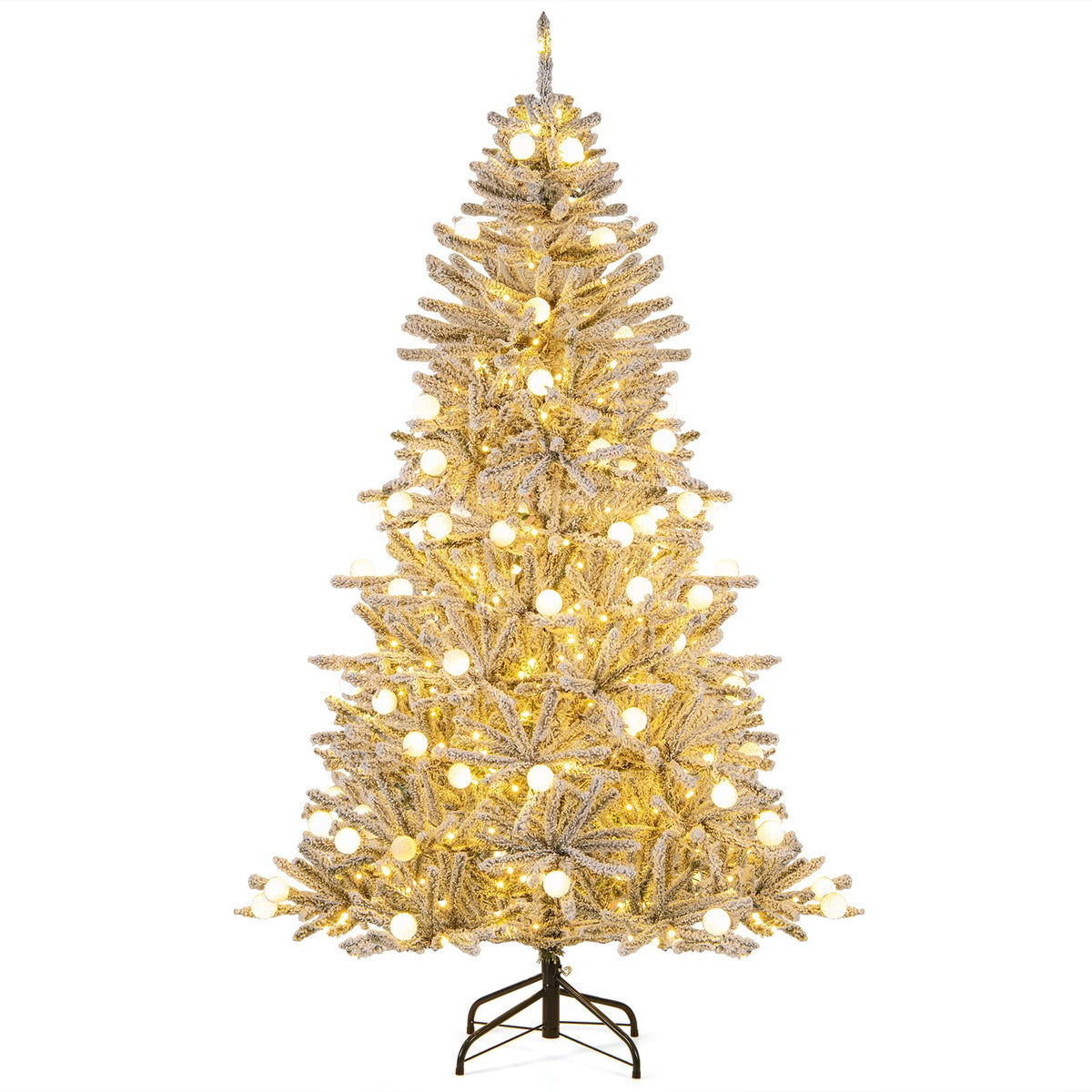Lucktree Pre-Lit Snow Flocked Christmas Tree with Warm White LED Lights & Globe Lights