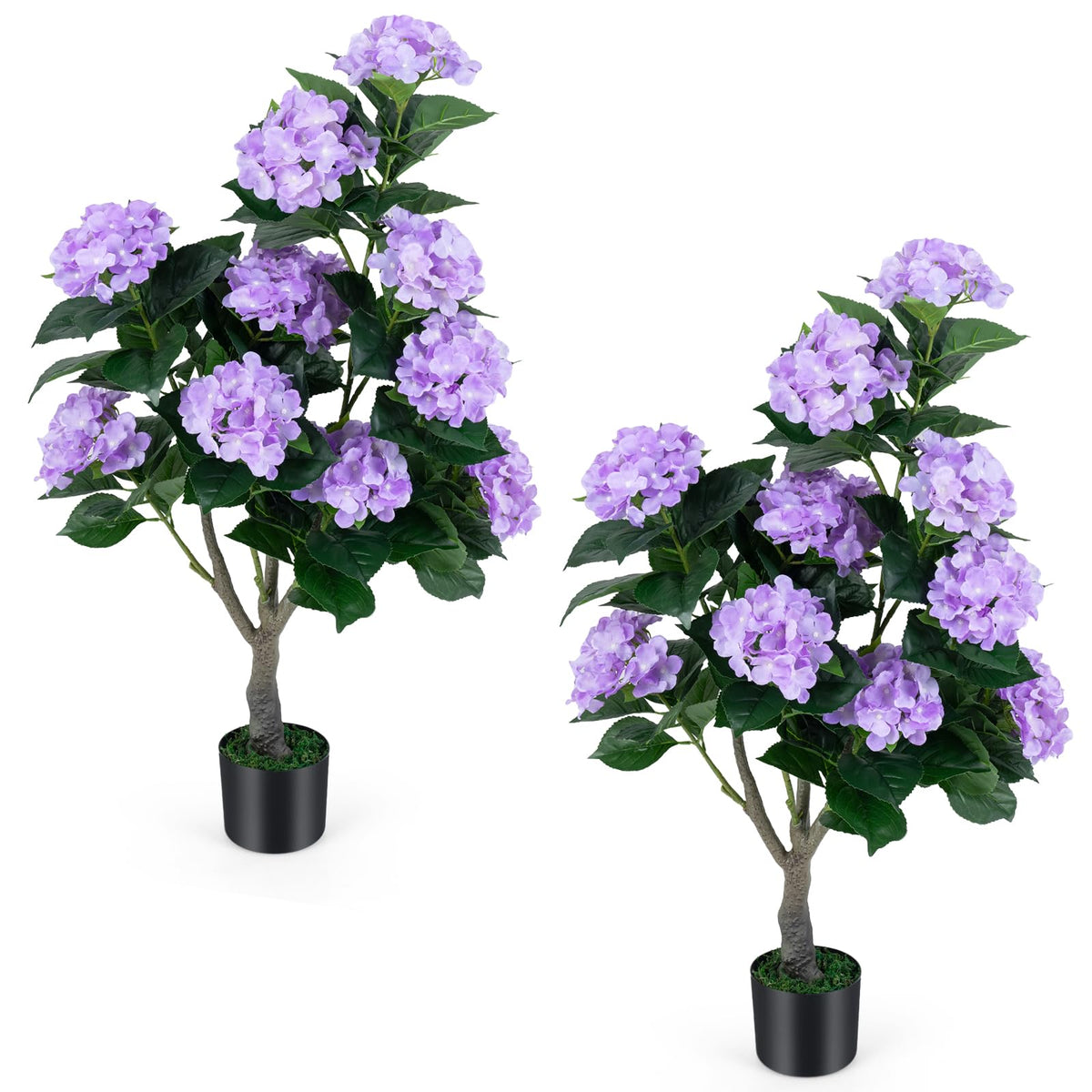Lucktree 2 Pack Artificial Hydrangea Tree w/11 Flowers & Realistic Trunk in Plastic Nursery Pot