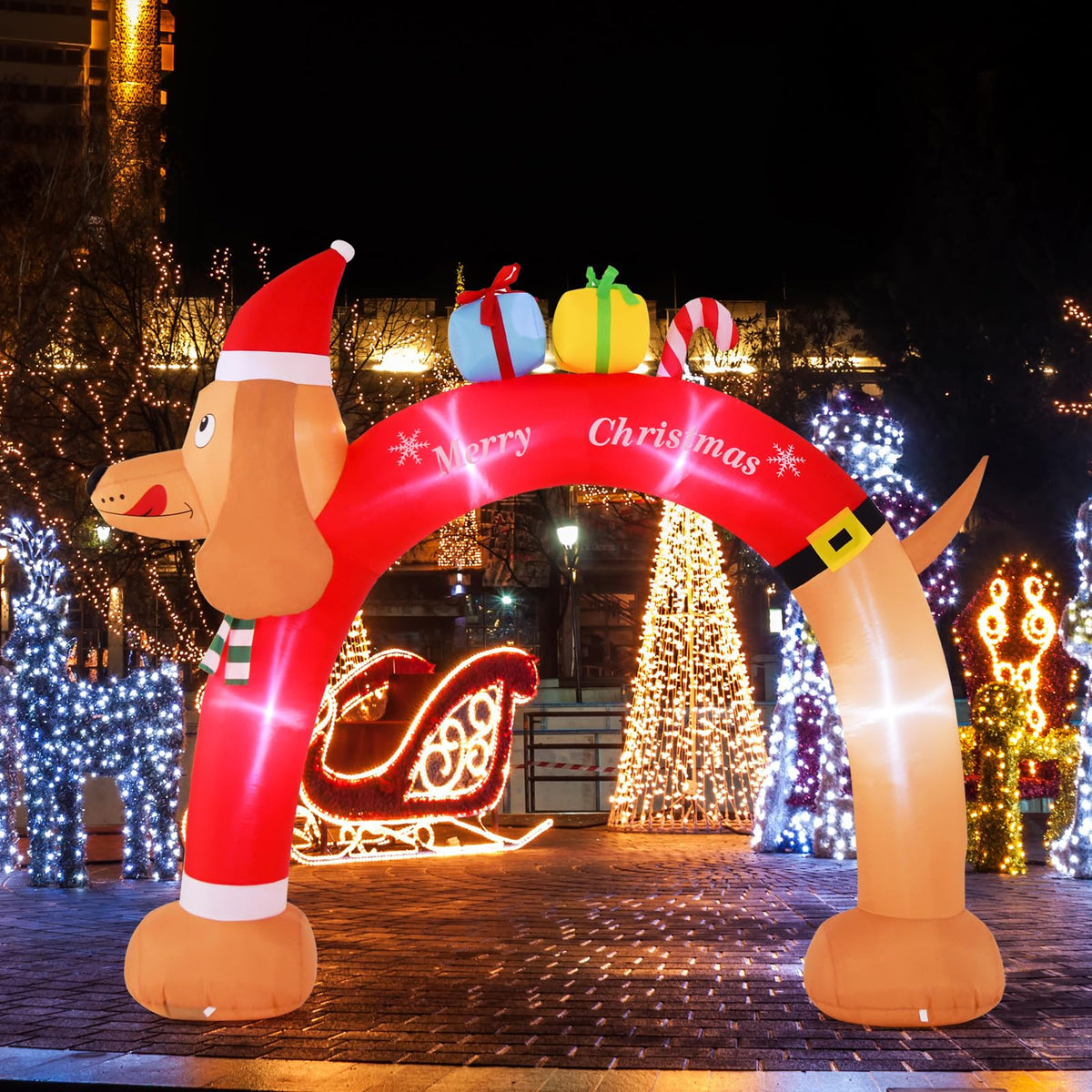 Lucktree 10 FT Lighted Inflatable Christmas Dachshund Arch, Blow Up Christmas Arch w/LEDs & Built-in Air Blower