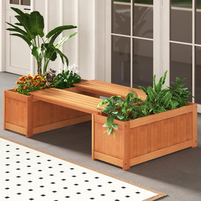 Lucktree 2-in-1 Outdoor Bench, Wood Raised Garden Bed with Open Base, Teak Oil Finish