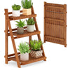 Lucktree Foldable Ladder Plant Shelf 3-Tier Solid Wood Indoor Outdoor Flower Pot Display Rack