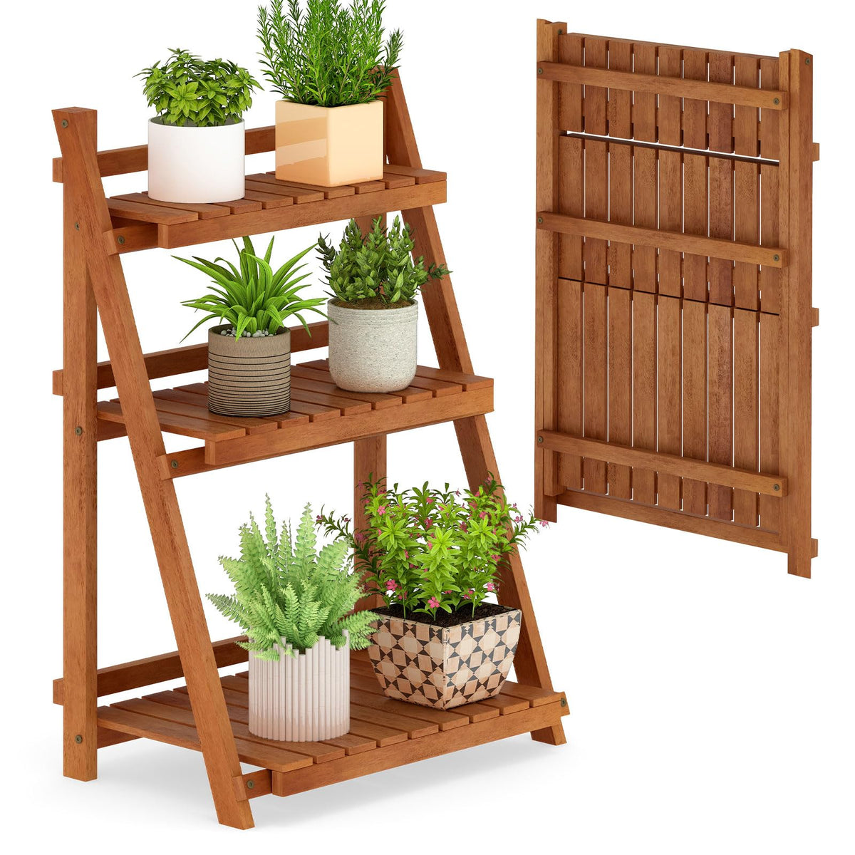 Lucktree Foldable Ladder Plant Shelf 3-Tier Solid Wood Indoor Outdoor Flower Pot Display Rack