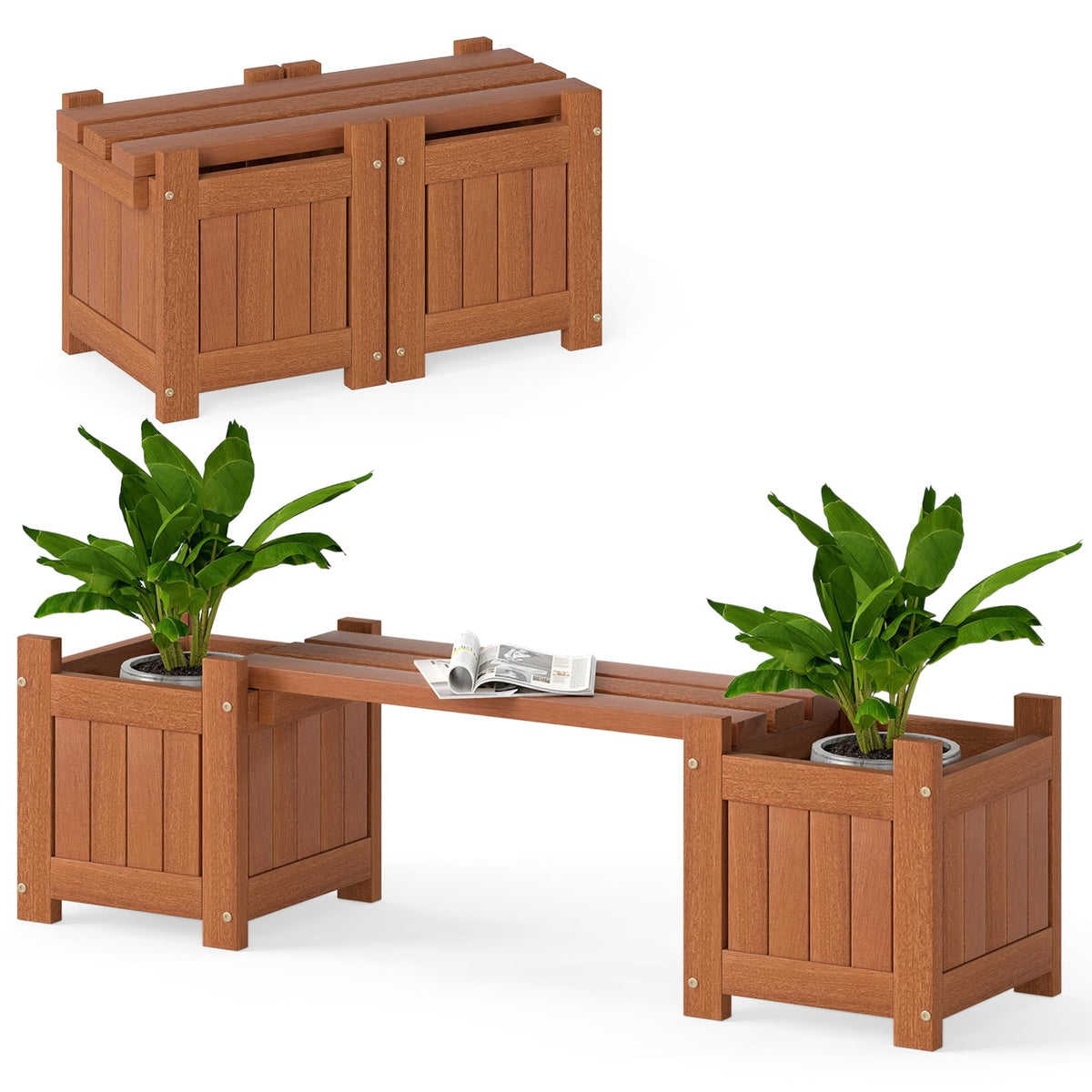 Lucktree 2-in-1 Outdoor Bench with 2/4 Planter Boxes Wood with Teak Oil Finish 42"x11"x11.5"