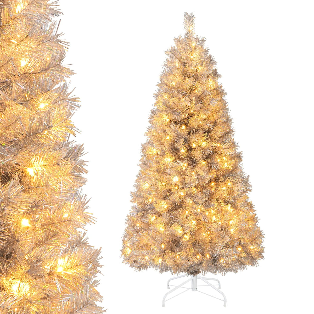Lucktree 5ft / 6ft / 7 ft Pre-Lit Silver Tinsel Christmas Tree with Warm White LED Lights