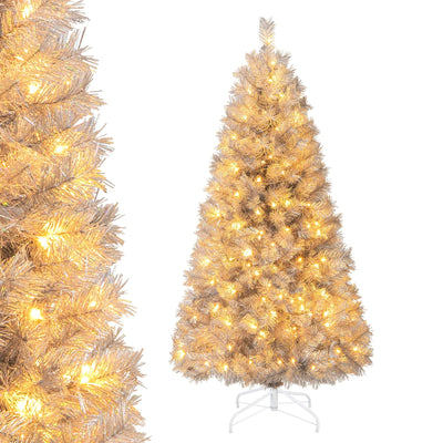 Lucktree 5ft / 6ft / 7 ft Pre-Lit Silver Tinsel Christmas Tree with Warm White LED Lights