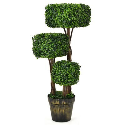 36' Artificial Triple Square Shaped Boxwood Topiary Tree W/ Cement-Filled Plastic Pot - LucktreeUS