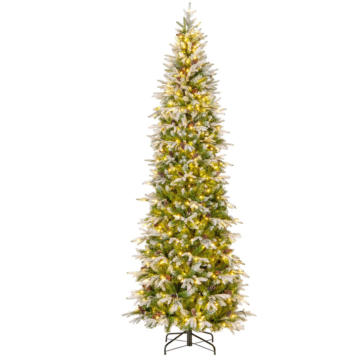 Lucktree 9 FT Pre-Lit Pencil Christmas Tree, Artificial Snow Flocked Hinged Fake Slim Xmas Tree with 470 Warm-White LED Lights