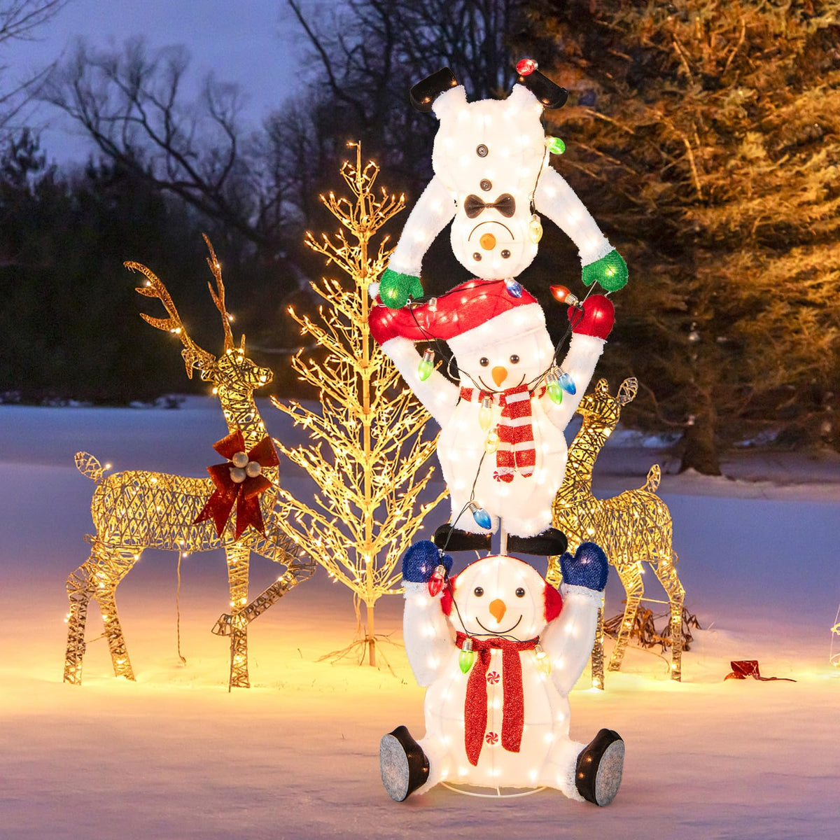 Lucktree 5.6 FT Lighted Christmas Stacked Snowmen Decoration