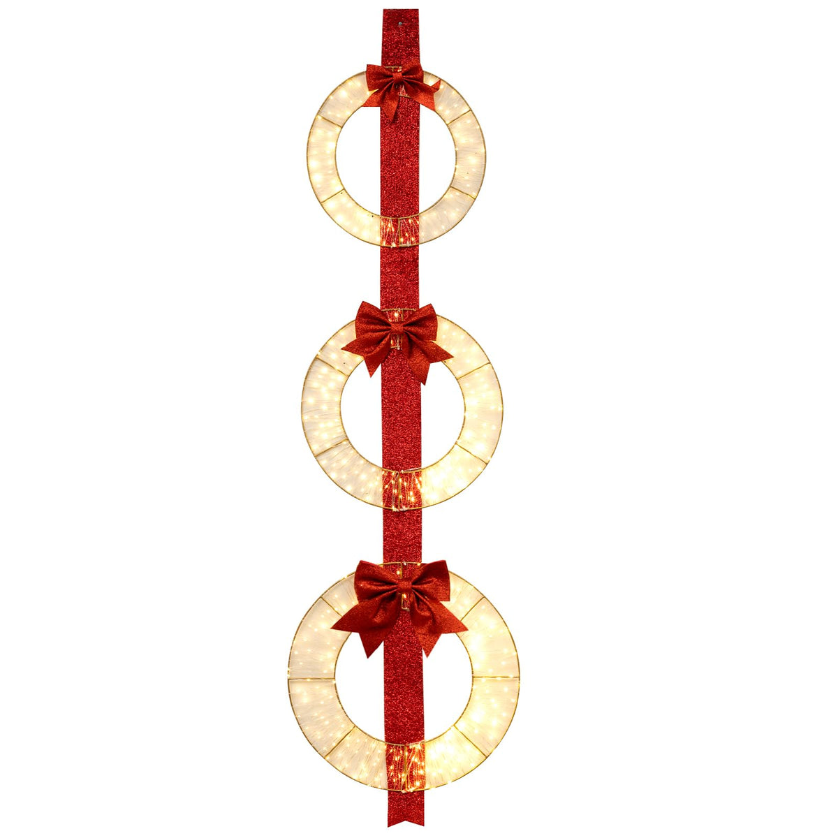 Lucktree Set of 3 Pre-Lit Wreaths, 5.8 FT Xmas Light-up Decorations on Red Ribbon with 450 LED Lights