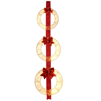 Lucktree Set of 3 Pre-Lit Wreaths, 5.8 FT Xmas Light-up Decorations on Red Ribbon with 450 LED Lights