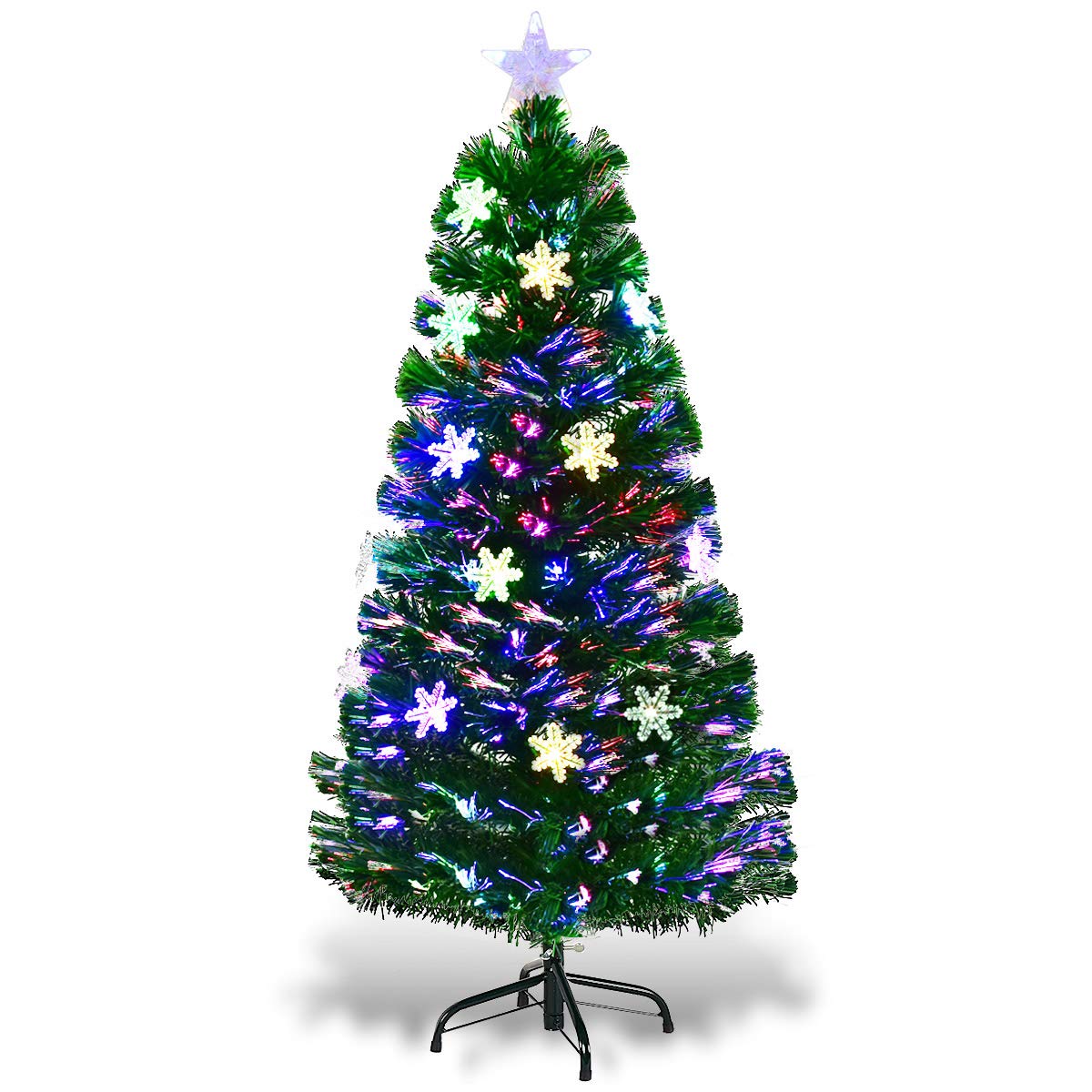 Lucktree 4ft Pre-Lit Fiber Optic Christmas Tree Artificial Xmas Full Tree with Colorful Snowflake LED Lights