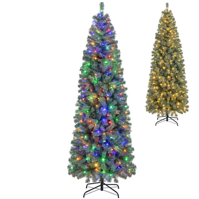 Lucktree 7.5ft Pre-Lit Blue Slim Pencil Christmas Tree with 250 Warm White & Multicolored LED Lights, 9 Modes, 724 Branch Tips