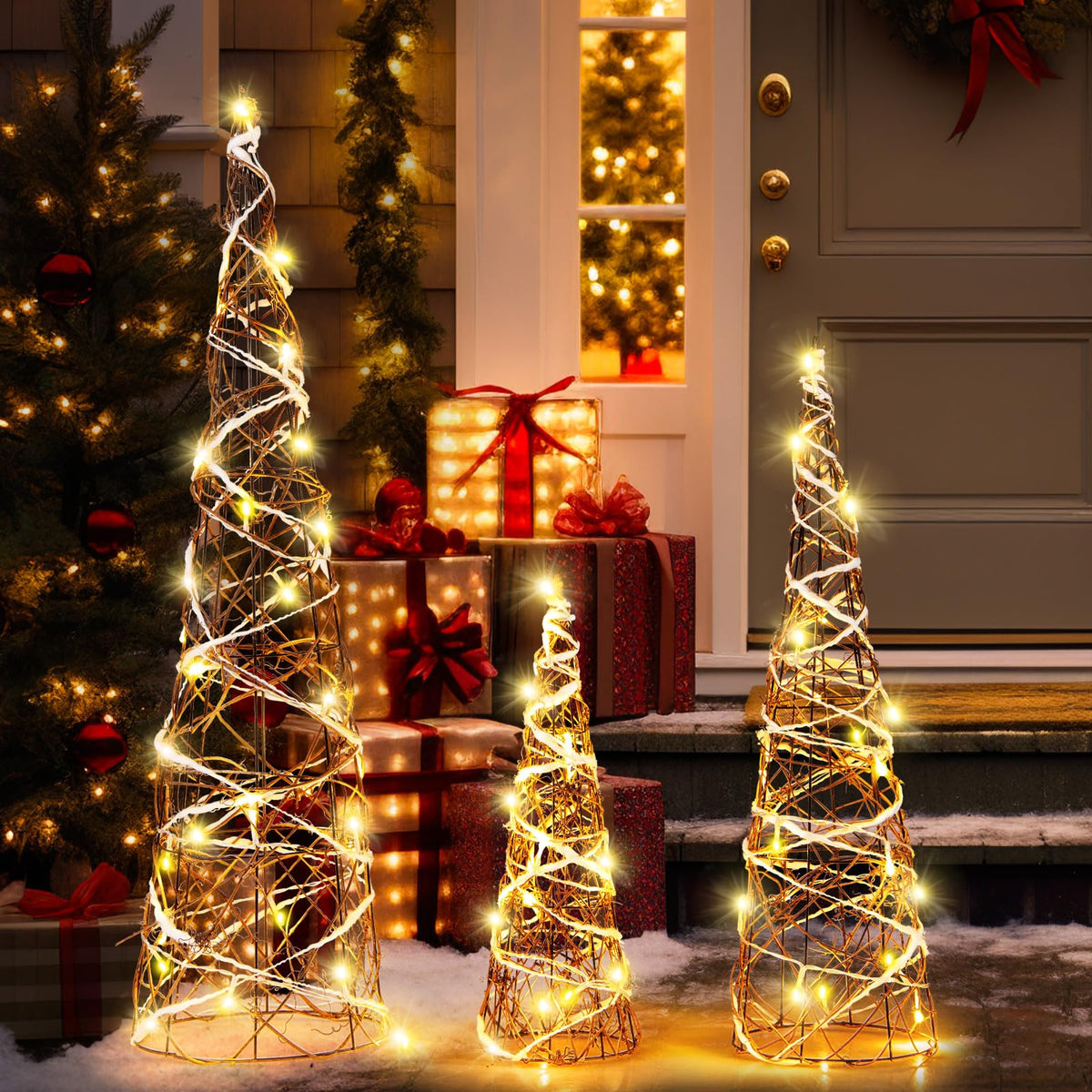 Lucktree Set of 3 Large Christmas Cone Trees, 32” 24” 16” Indoor Christmas Trees w/Warm White LED Lights