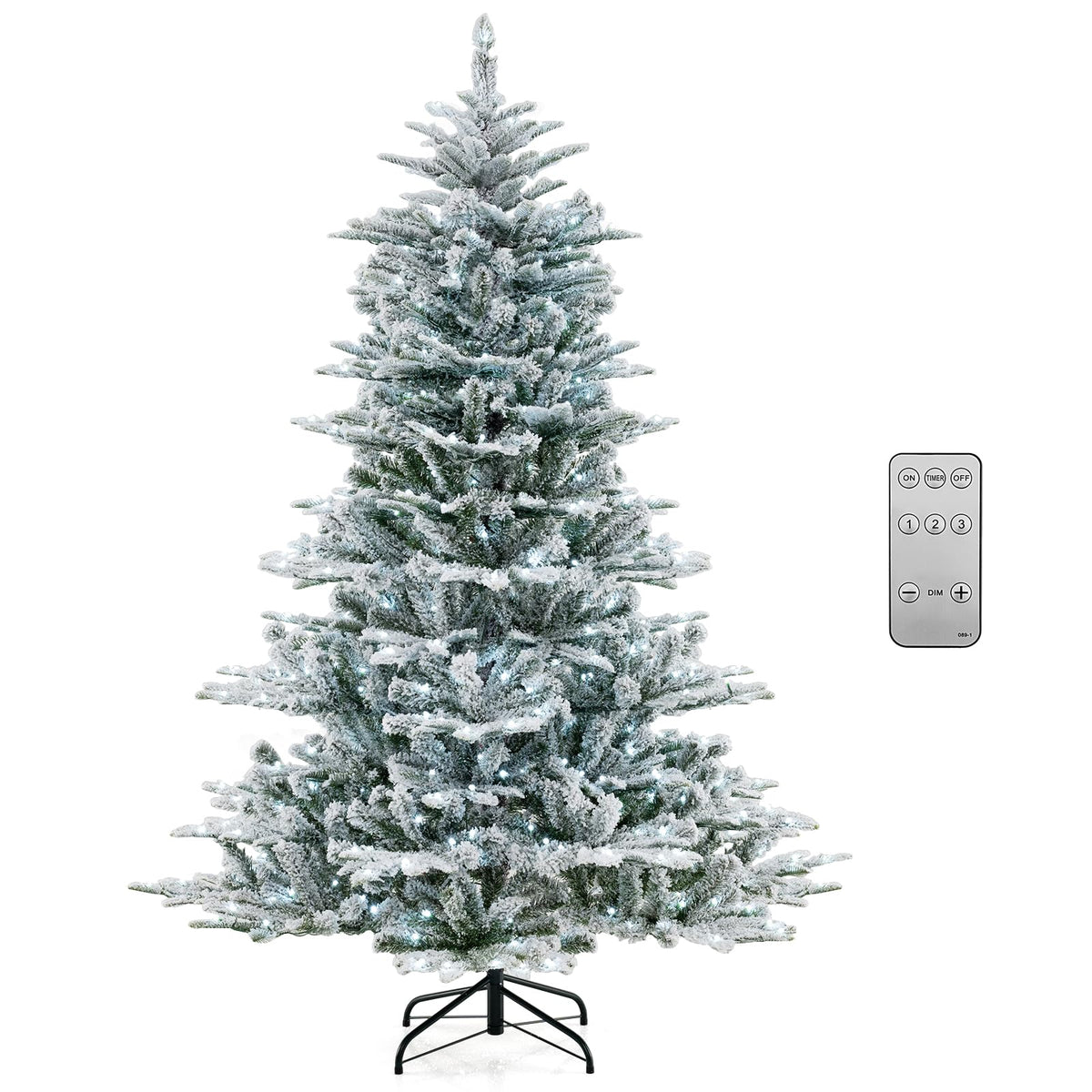 Lucktree 6/7/8 ft Pre-Lit Snow Flocked Christmas Tree, Artificial Hinged Xmas Tree with 661/1119/1447 PVC & PE Tips