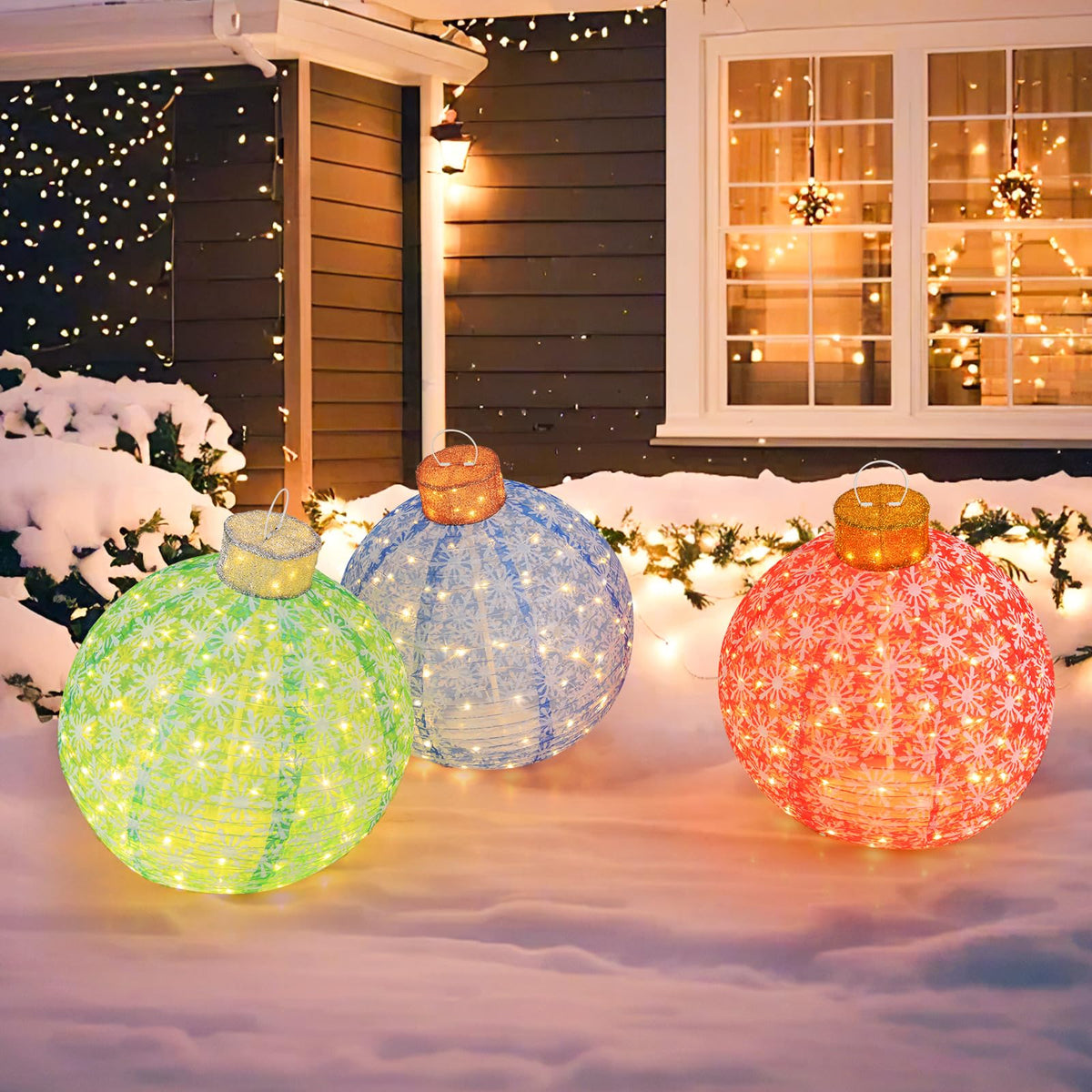 Lucktree Christmas Lighted Pop up Ornaments Set of 3, Outdoor Xmas Lighted Hanging Lanterns with Warm White LED Lights