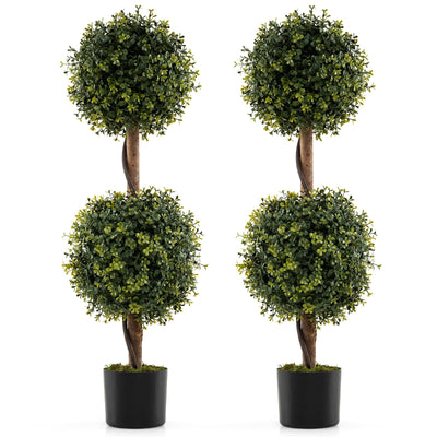 Lucktree 3 FT Artificial Boxwood Topiary Trees Set of 2 Faux Outdoor Topiary Ball Tree with Cement-Filled Pot