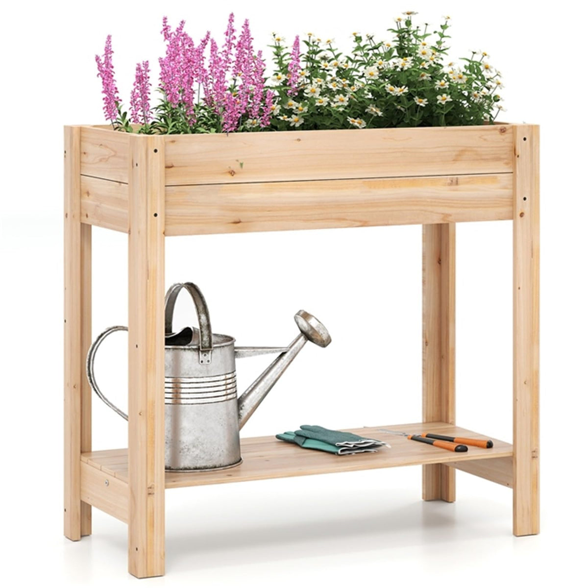 Lucktree Wood Raised Garden Bed w/Lower Shelf