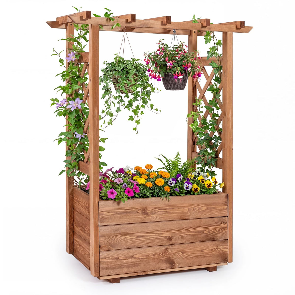 Lucktree Raised Garden Bed with Sided Trellis and Hanging Roof