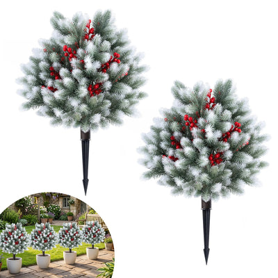 Lucktree 27.5" Faux Pine Needle Bushes with Ground Spikes | Artificial Cedar Topiary Ball Trees Set of 2