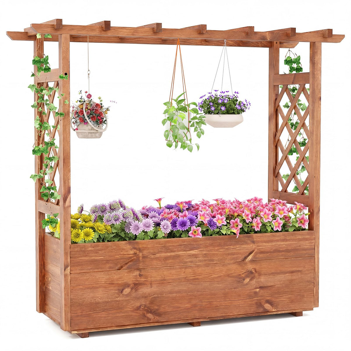 Lucktree Raised Garden Bed with Sided Trellis and Hanging Roof