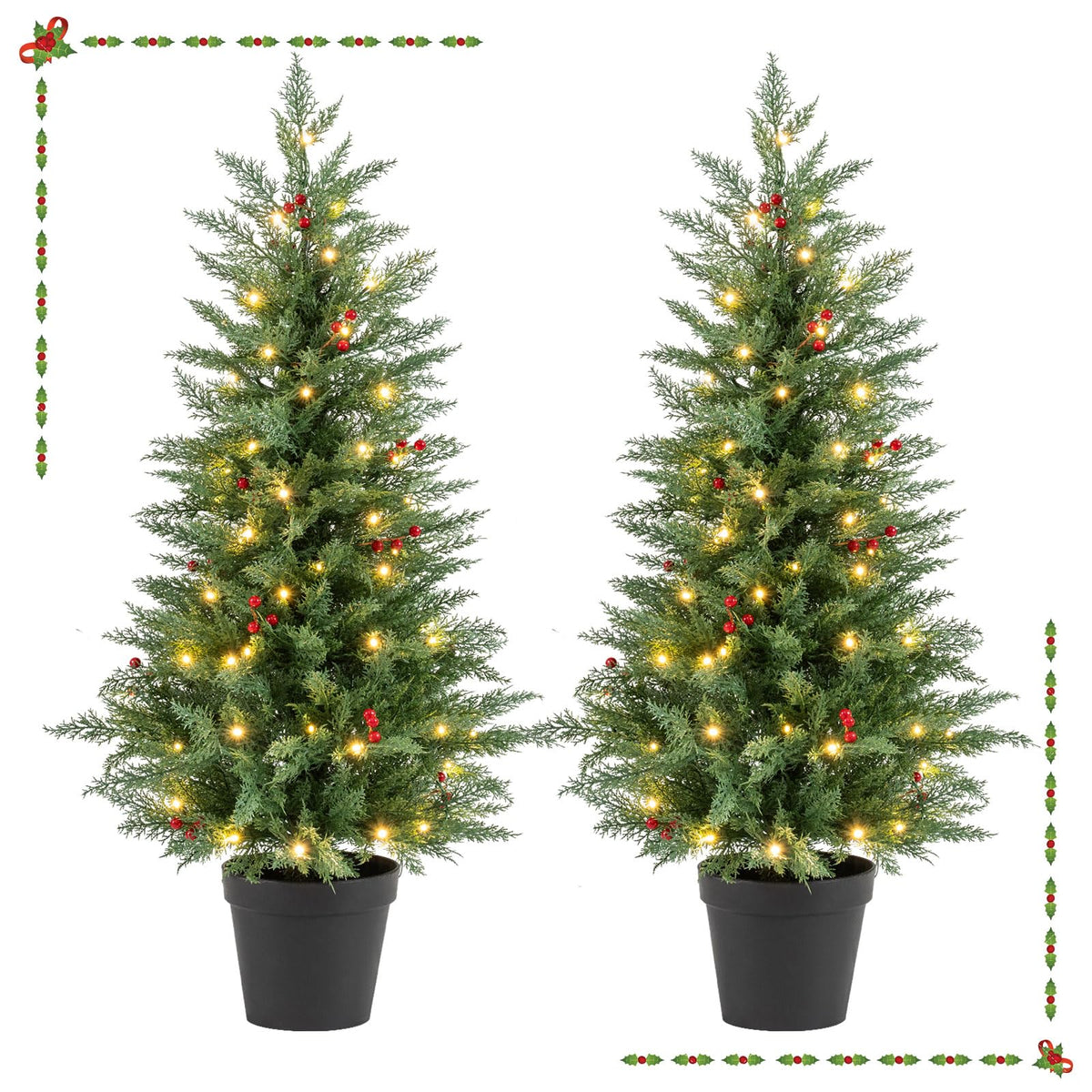 2 Pack 4 FT Pre-lit Cypress Christmas Trees w/70 Warm White LED Lights