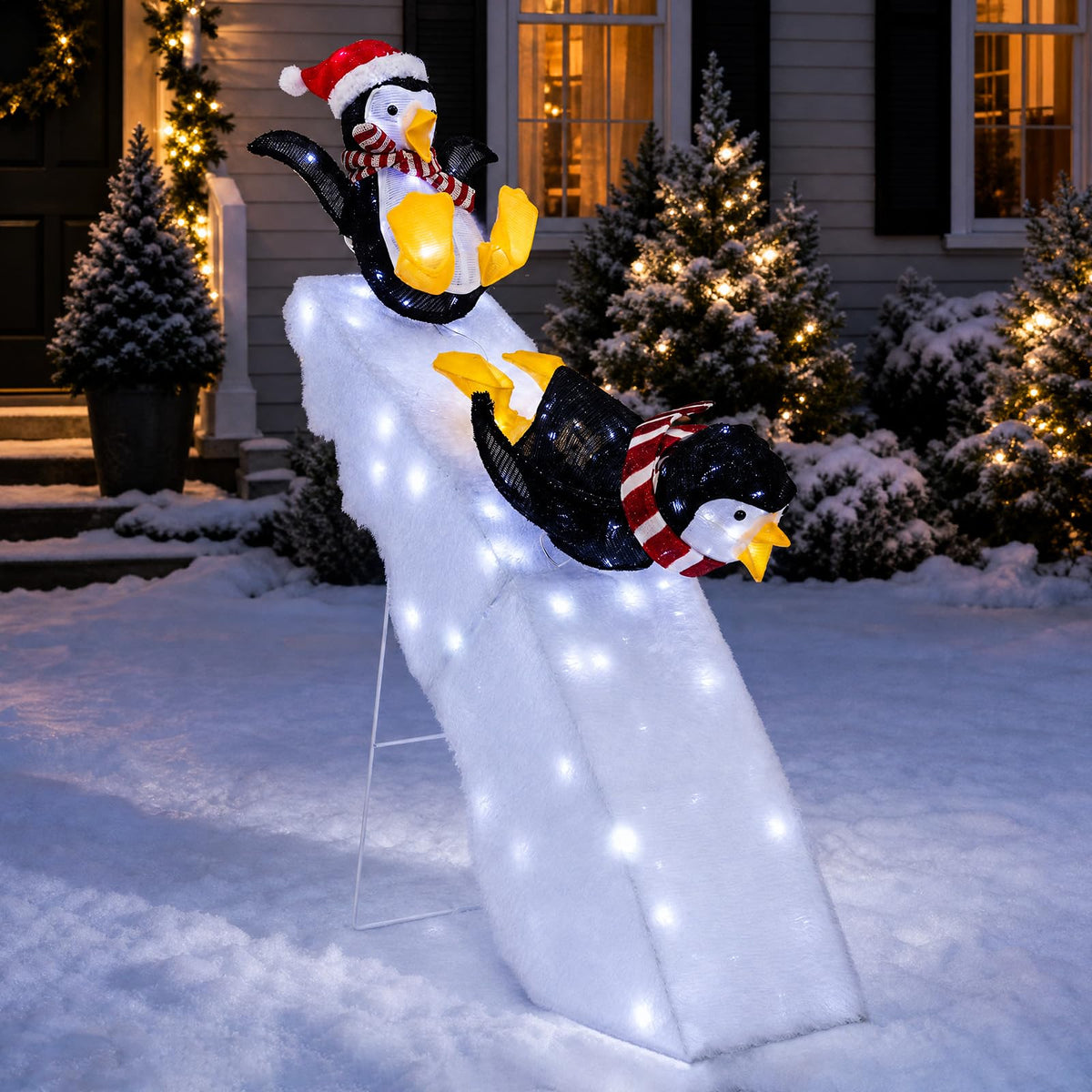 Lucktree 4 FT Lighted Christmas Penguin Slide Scene Decoration