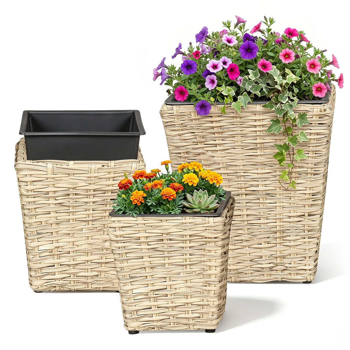 Lucktree 3-Piece Rattan Planter Box Kit with Removable Plastic Liners