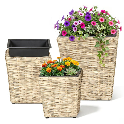 Lucktree 3-Piece Rattan Planter Box Kit with Removable Plastic Liners