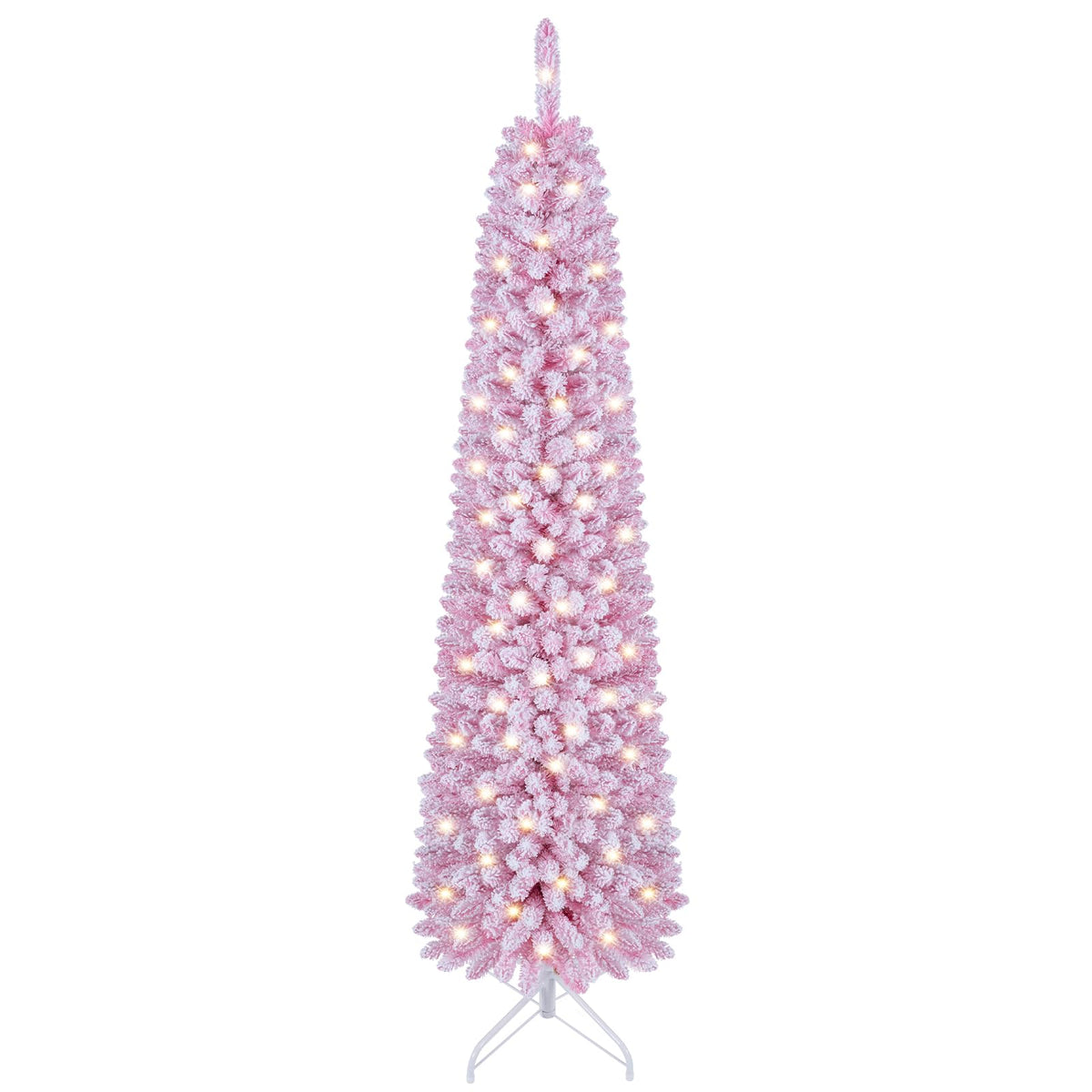 6 FT Pink Flocked Pre-Lit Pencil Christmas Tree with 392 Branch Tips
