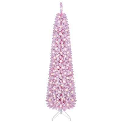 6 FT Pink Flocked Pre-Lit Pencil Christmas Tree with 392 Branch Tips