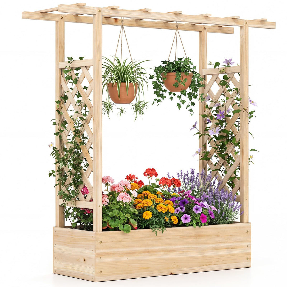 Lucktree Wooden Raised Garden Bed with Trellis & Hanging Roof