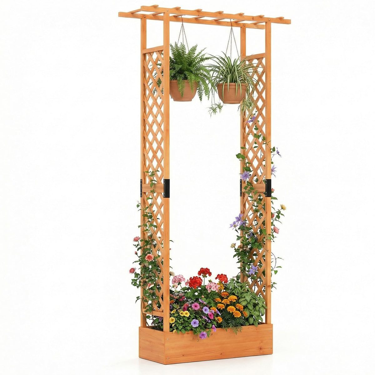Lucktree Wooden Raised Garden Bed with Trellis & Hanging Roof