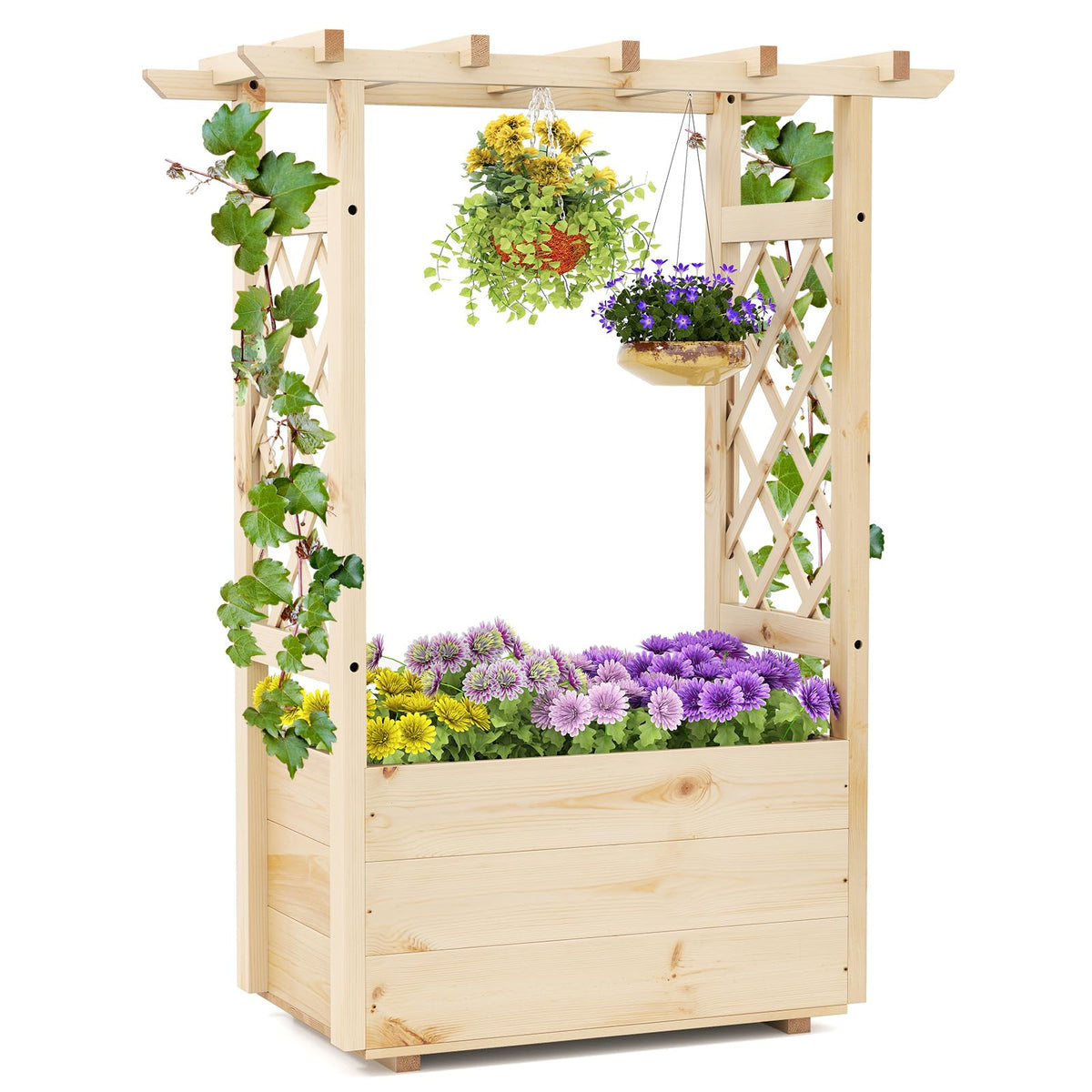 Lucktree Raised Garden Bed with Sided Trellis and Hanging Roof