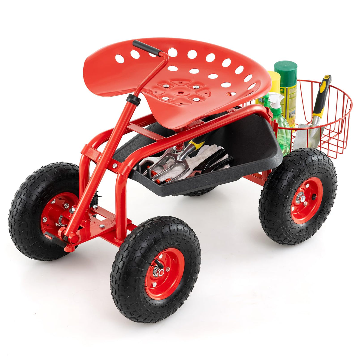Lucktree Garden Cart, 4-Wheel Gardening Workseat with Storage Basket