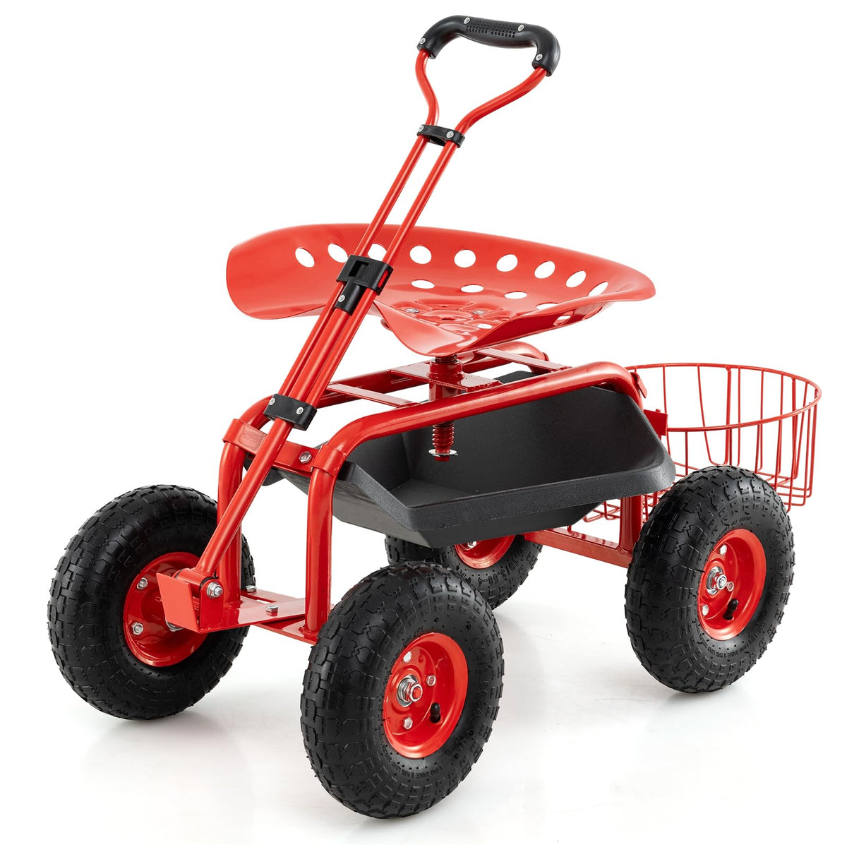 Lucktree Rolling Gardening Stool Cart, 4-Wheel Garden Workseat with Storage Basket