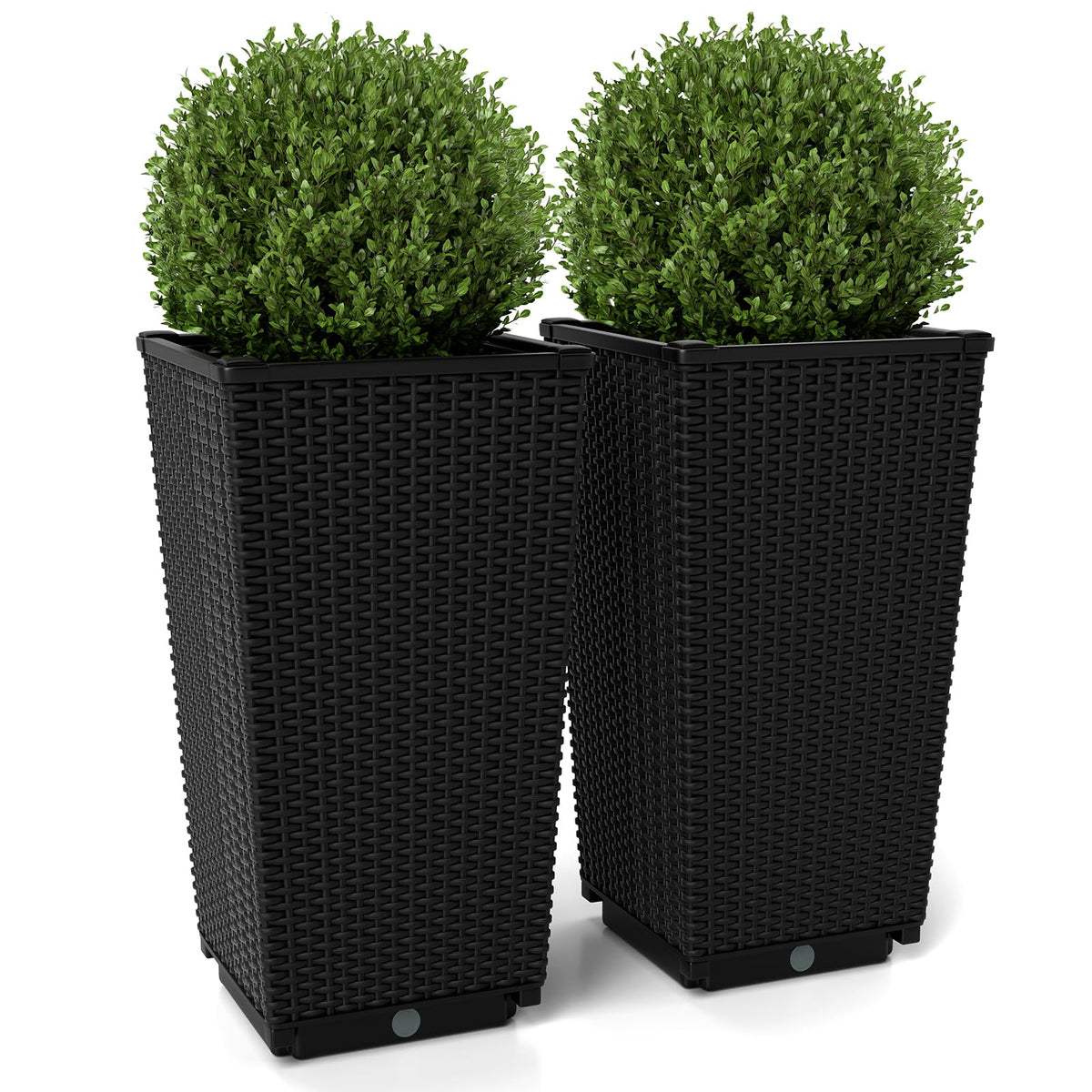 Lucktree Set of 2 Outdoor Wicker Flower Pot, 23 Inch Tall Planters with Drainage Hole, Self-Watering Tray