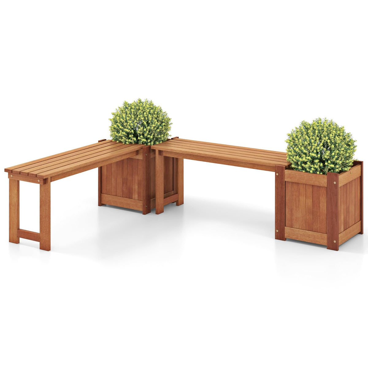 Lucktree Outdoor Bench with Raised Garden Bed, Wood Seat with Teak Oil Finish, Planter Box with Open-Ended Base