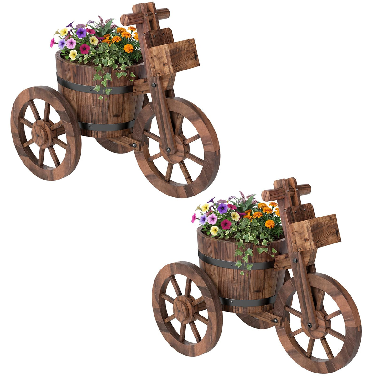 Lucktree Wooden Wagon Planter with Wheels for Patio Backyard Balcony