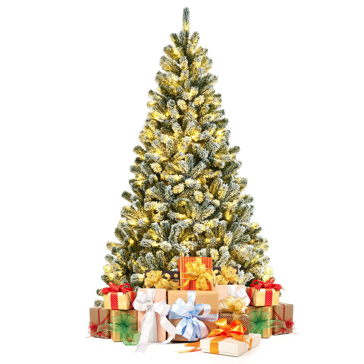 7/6/8 FT Snow-Flocked Artificial Christmas Tree, Pre-lit Xmas Tree