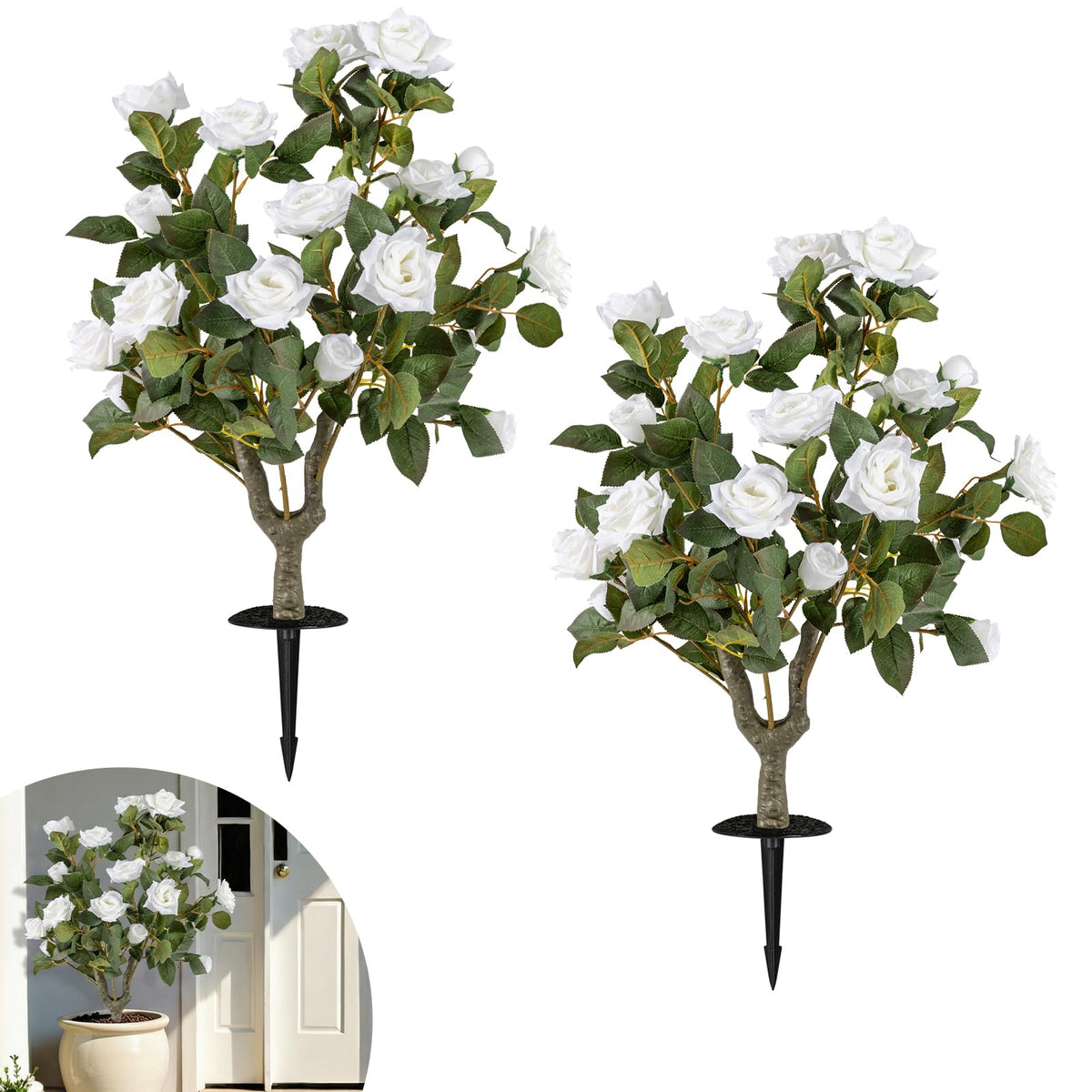 Lucktree 31.5” 2 Pack Artificial Rose Flower Trees with Spikes & 18 White Flowers