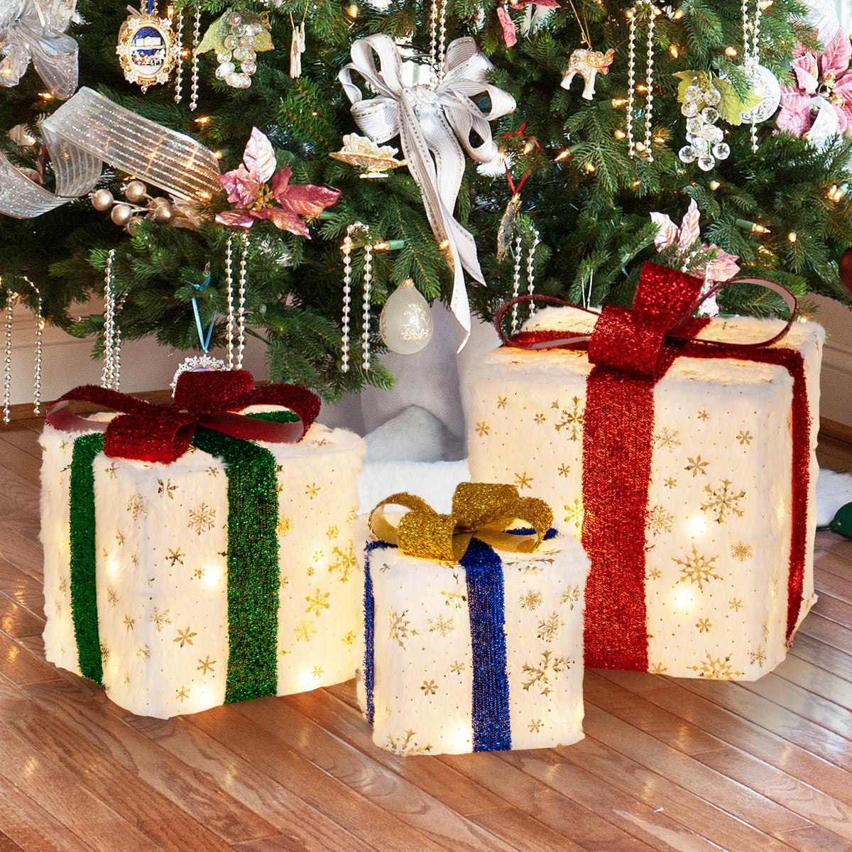 Lucktree Set of 3 Christmas Lighted Gift Boxes, Pre-lit Christmas Decoration with 48 Bright Warm Lights