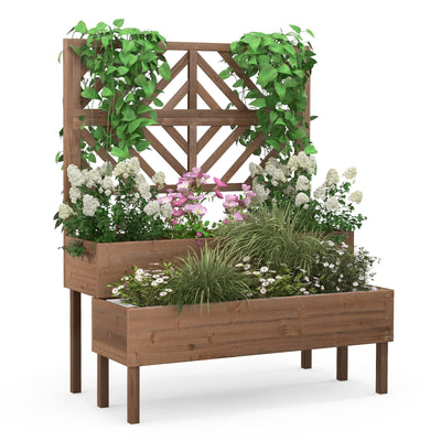 Lucktree Raised Garden Bed with Trellis, 2-Tier Wooden Planter Box with Legs and Drain Holes (Brown)
