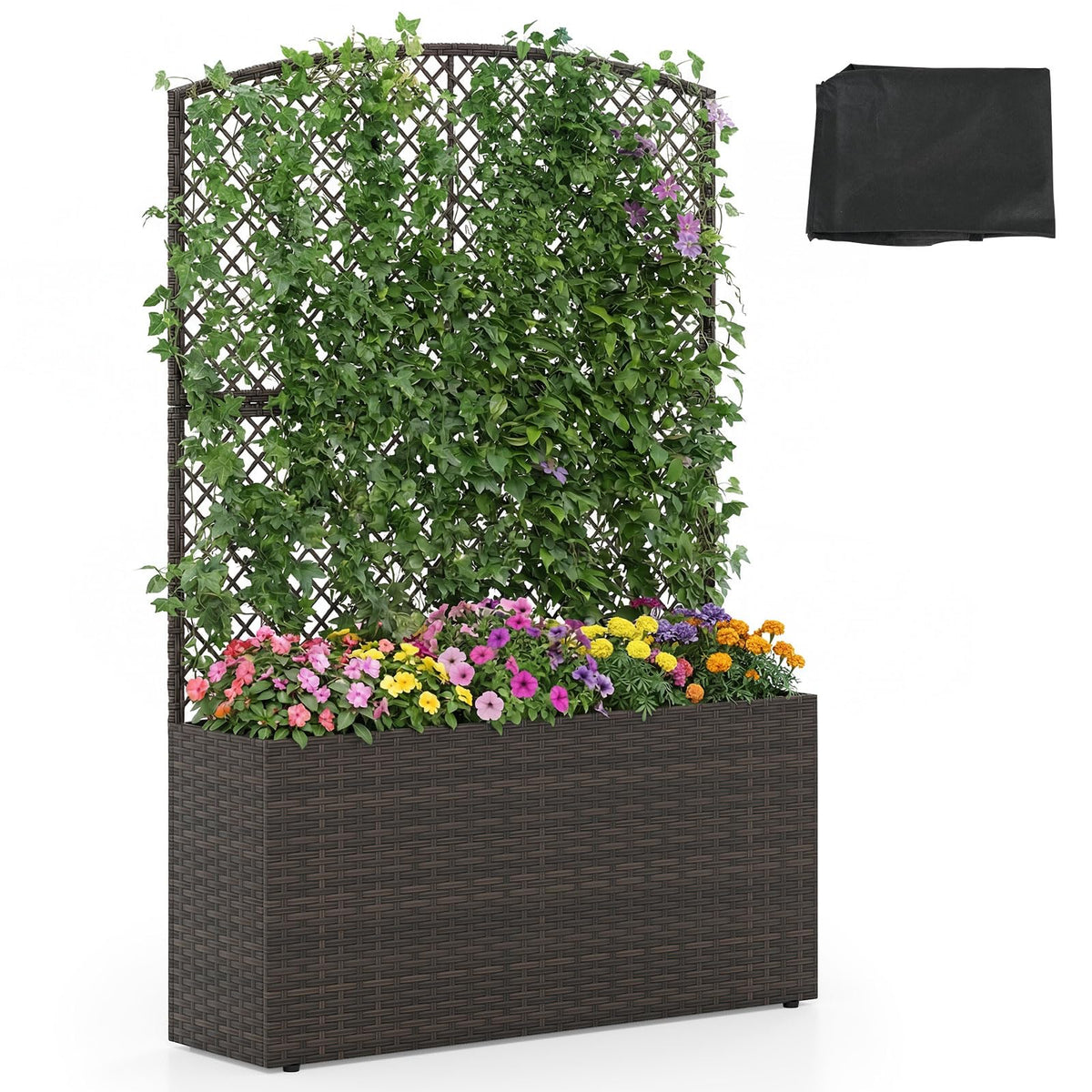 Lucktree Raised Garden Bed with Trellis | 58'' Tall PE Rattan Planter Box w/Liner & Drainage