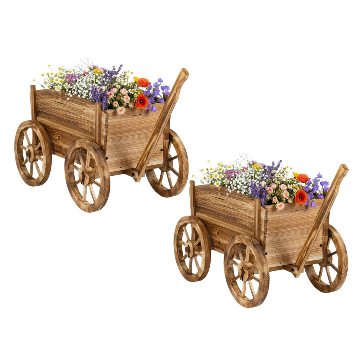 Lucktree Wood Wagon Planter Rustic Rolling Flower Pot Stand