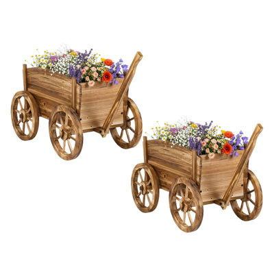 Lucktree Wood Wagon Planter Rustic Rolling Flower Pot Stand